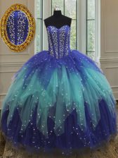  Sleeveless Floor Length Beading and Ruffles Lace Up Quinceanera Dresses with Royal Blue and Aqua Blue