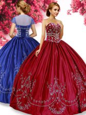 Eye-catching Wine Red Ball Gowns Embroidery Quinceanera Dresses Lace Up Taffeta Sleeveless Floor Length
