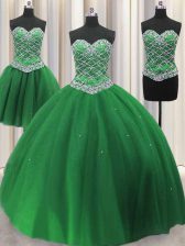  Three Piece Green Ball Gowns Sweetheart Sleeveless Tulle Floor Length Lace Up Beading and Sequins 15 Quinceanera Dress