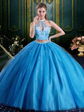 Cheap Halter Top Baby Blue Sleeveless Beading and Lace and Appliques Floor Length Sweet 16 Quinceanera Dress