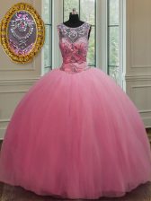  Tulle Scoop Sleeveless Lace Up Beading 15th Birthday Dress in Rose Pink