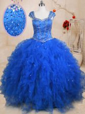 Hot Selling Blue Tulle Lace Up Straps Cap Sleeves Floor Length 15th Birthday Dress Beading and Ruffles
