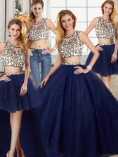  Four Piece Scoop Navy Blue Backless 15 Quinceanera Dress Beading Cap Sleeves With Brush Train