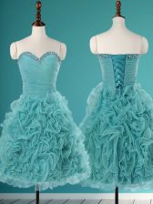 Luxurious Sleeveless Mini Length Beading and Ruffles Lace Up Dress for Prom with Turquoise