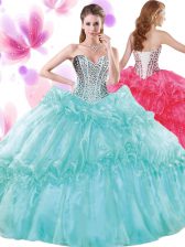 Classical Turquoise Ball Gowns Organza Sweetheart Sleeveless Beading and Pick Ups Floor Length Lace Up Vestidos de Quinceanera