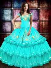 Perfect Off The Shoulder Sleeveless Organza Sweet 16 Dresses Embroidery and Ruffled Layers Lace Up