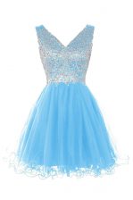 Best Selling V-neck Sleeveless Zipper Prom Gown Baby Blue Tulle