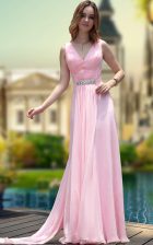  Pink Column/Sheath V-neck Sleeveless Chiffon Floor Length Zipper Beading Prom Dress