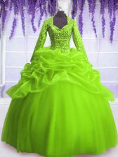 Modern Organza Long Sleeves Floor Length Ball Gown Prom Dress and Sequins and Pick Ups