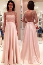 Deluxe Pink Satin Backless Bateau Long Sleeves With Train Prom Evening Gown Sweep Train Beading