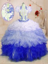 Gorgeous Sleeveless With Train Beading and Appliques and Ruffles Lace Up Sweet 16 Dresses with Multi-color Brush Train