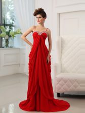  With Train Red Chiffon Brush Train Sleeveless Beading and Ruching