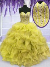 Dazzling Yellow Sleeveless Floor Length Beading and Ruffles Lace Up 15th Birthday Dress
