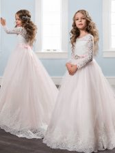  Scoop Long Sleeves Watteau Train Zipper Flower Girl Dresses for Less White Tulle