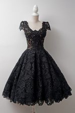 Chic Scoop Cap Sleeves Tea Length Lace Zipper Prom Evening Gown with Black