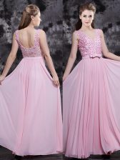  Baby Pink Sleeveless Appliques and Bowknot Floor Length Prom Dresses