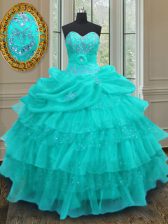 Comfortable Sleeveless Organza Floor Length Lace Up 15th Birthday Dress in Aqua Blue with Beading and Ruffled Layers and Pick Ups
