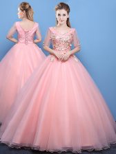 Tulle V-neck Half Sleeves Lace Up Appliques Vestidos de Quinceanera in Baby Pink