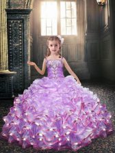 Luxurious Lavender Ball Gowns Organza Spaghetti Straps Sleeveless Beading and Appliques Floor Length Side Zipper Toddler Flower Girl Dress