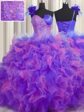  One Shoulder Handcrafted Flower Sleeveless Lace Up Floor Length Beading and Ruffles and Hand Made Flower Quinceanera Gowns