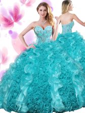  Teal Ball Gowns Organza Sweetheart Sleeveless Beading and Ruffles Floor Length Lace Up Quinceanera Gown