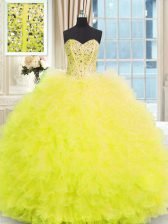 Excellent Light Yellow Strapless Neckline Beading and Ruffles Quinceanera Dress Sleeveless Lace Up