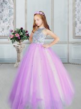  Scoop Lilac Lace Up Little Girls Pageant Gowns Beading Sleeveless Floor Length