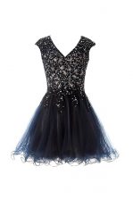  Navy Blue Prom Gown Prom and Party with Beading V-neck Cap Sleeves Criss Cross