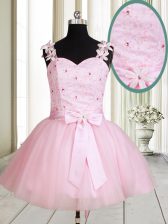 Custom Designed Straps Beading and Embroidery Prom Dress Baby Pink Lace Up Sleeveless Mini Length