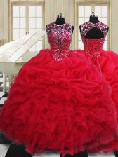  Scoop Sleeveless Vestidos de Quinceanera Floor Length Beading and Pick Ups Red Organza