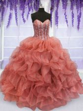 Flirting Watermelon Red Ball Gowns Sweetheart Sleeveless Organza Floor Length Lace Up Beading and Ruffles Quinceanera Dresses
