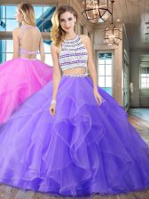 Delicate Scoop Sleeveless Organza With Brush Train Backless Quince Ball Gowns in Lavender with Beading and Ruffles