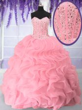  Pink Sweetheart Neckline Beading and Ruffles Vestidos de Quinceanera Sleeveless Lace Up