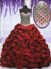 Fitting Sequins Pick Ups Floor Length Wine Red 15th Birthday Dress Sweetheart Sleeveless Lace Up