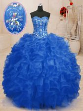 New Arrival Organza Sweetheart Sleeveless Lace Up Beading and Ruffles Sweet 16 Dresses in Blue