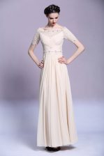 Fancy Champagne Bateau Zipper Beading and Appliques and Ruching Prom Dress Sleeveless