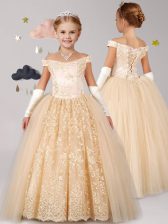 Exceptional Off the Shoulder Champagne Ball Gowns Lace Flower Girl Dress Lace Up Tulle Cap Sleeves Floor Length
