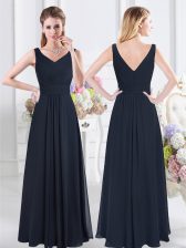 High Class Navy Blue Zipper Dama Dress Ruching Sleeveless Floor Length