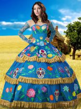 Suitable Blue High-neck Neckline Lace and Embroidery Vestidos de Quinceanera Long Sleeves Lace Up