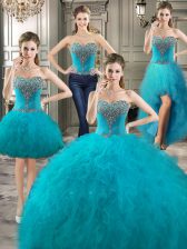  Four Piece Sleeveless Tulle Floor Length Lace Up Quince Ball Gowns in Teal with Beading and Ruffles