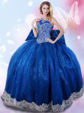  Halter Top Royal Blue Taffeta Lace Up Ball Gown Prom Dress Sleeveless Floor Length Beading and Bowknot