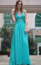 Gorgeous Aqua Blue Sleeveless Floor Length Beading Side Zipper 