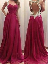 Clearance Burgundy A-line Appliques Dress for Prom Zipper Chiffon Sleeveless Floor Length