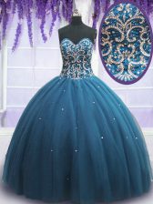 Amazing Sweetheart Sleeveless Vestidos de Quinceanera Floor Length Beading and Appliques Teal Tulle