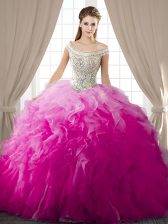Pretty Fuchsia Ball Gowns Off The Shoulder Sleeveless Organza Floor Length Lace Up Beading and Ruffles Sweet 16 Dresses