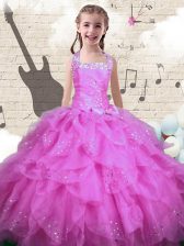 Perfect Halter Top Beading and Ruffles Little Girl Pageant Dress Rose Pink Lace Up Sleeveless Floor Length
