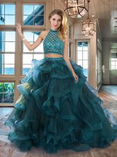 Pretty Halter Top Sleeveless Tulle Brush Train Backless Sweet 16 Quinceanera Dress in Teal with Beading and Ruffles