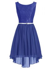 Graceful Column/Sheath Prom Evening Gown Blue Scoop Chiffon Sleeveless High Low Side Zipper