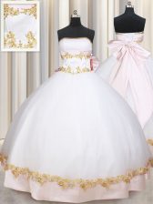 White Satin Lace Up Ball Gown Prom Dress Sleeveless Floor Length Beading and Appliques and Bowknot