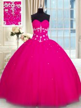  Floor Length Fuchsia Quinceanera Gown Tulle Sleeveless Beading